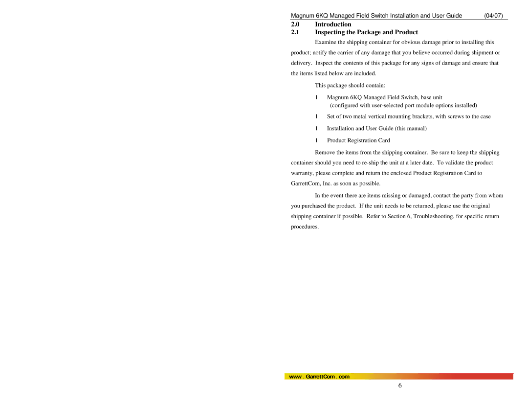 GarrettCom Magnum 6KQ manual Introduction Inspecting the Package and Product 