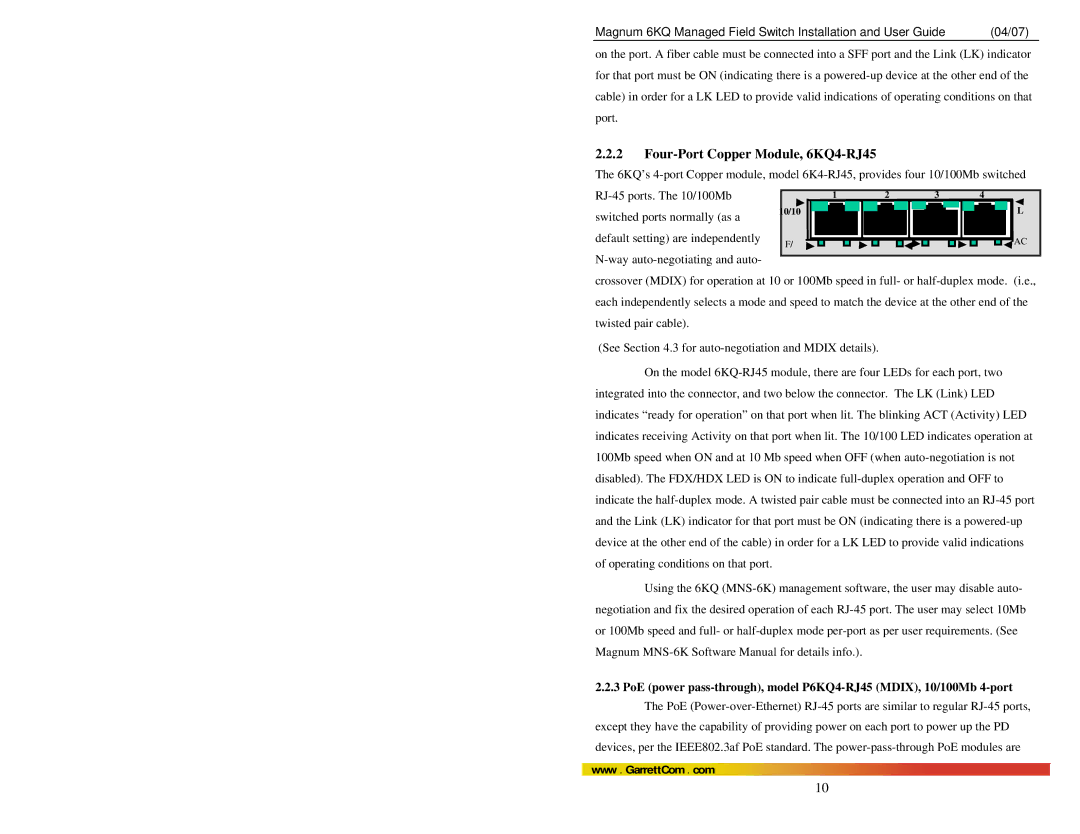 GarrettCom Magnum 6KQ manual Four-Port Copper Module, 6KQ4-RJ45 
