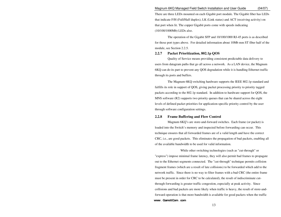 GarrettCom Magnum 6KQ manual Packet Prioritization, 802.1p QOS, Frame Buffering and Flow Control 