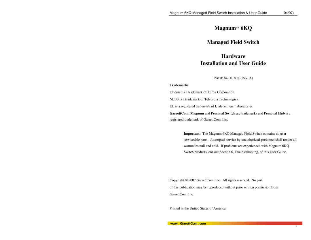 GarrettCom Magnum 6KQ manual Trademarks 