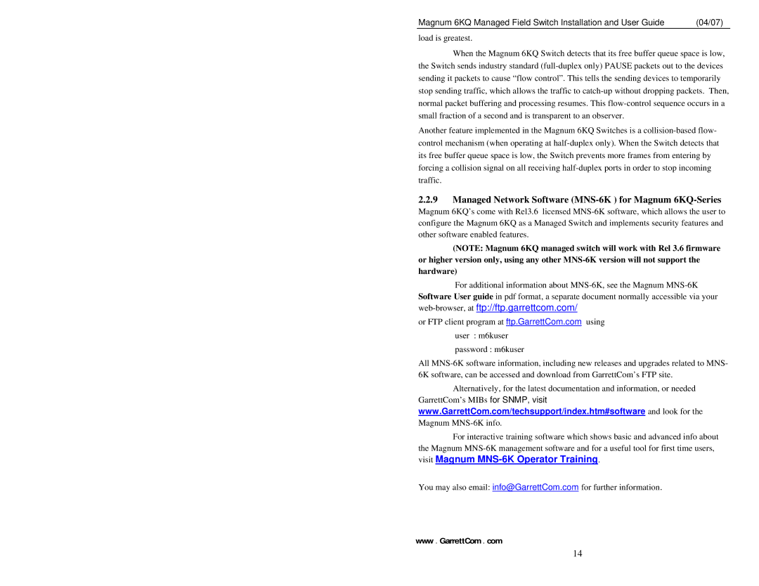 GarrettCom manual Managed Network Software MNS-6K for Magnum 6KQ-Series, Web-browser, at ftp//ftp.garrettcom.com 