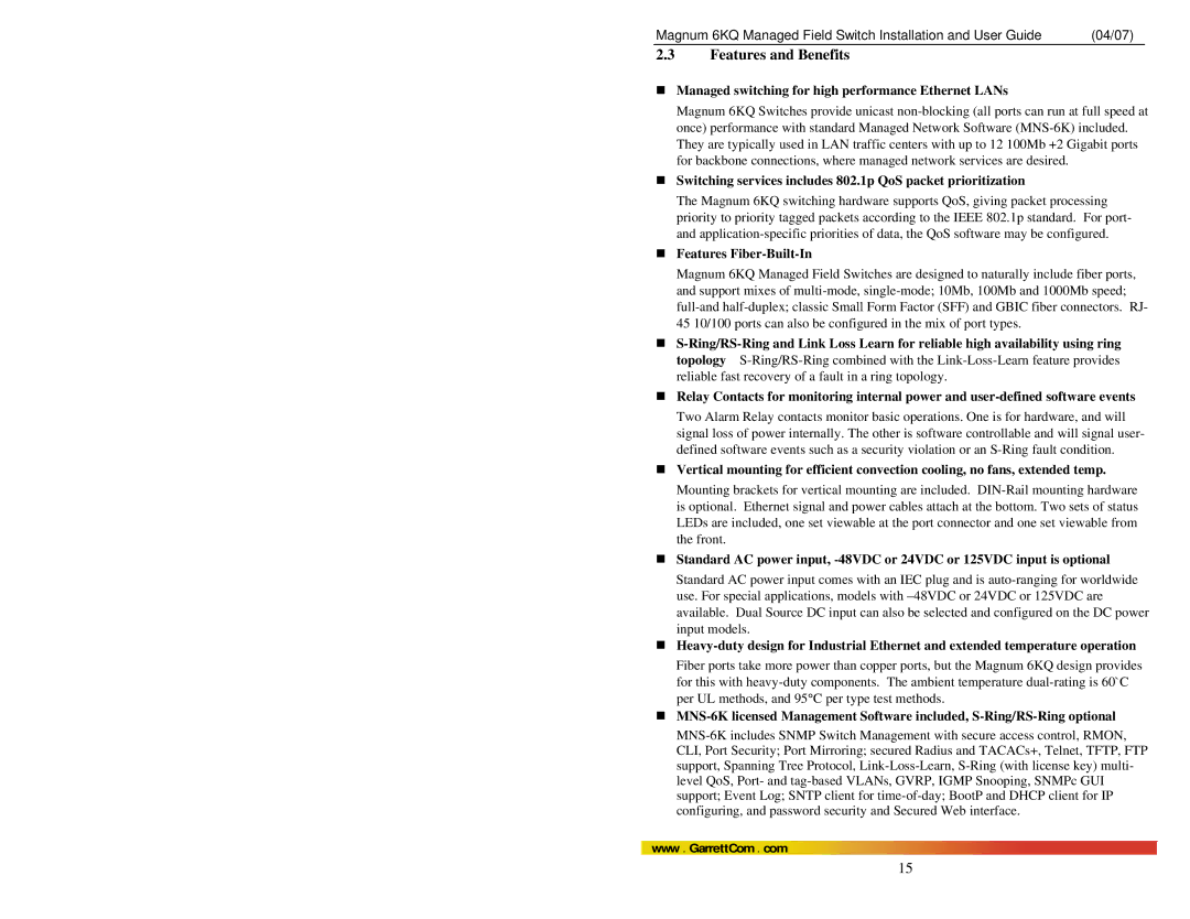 GarrettCom Magnum 6KQ manual Features and Benefits, „ Managed switching for high performance Ethernet LANs 