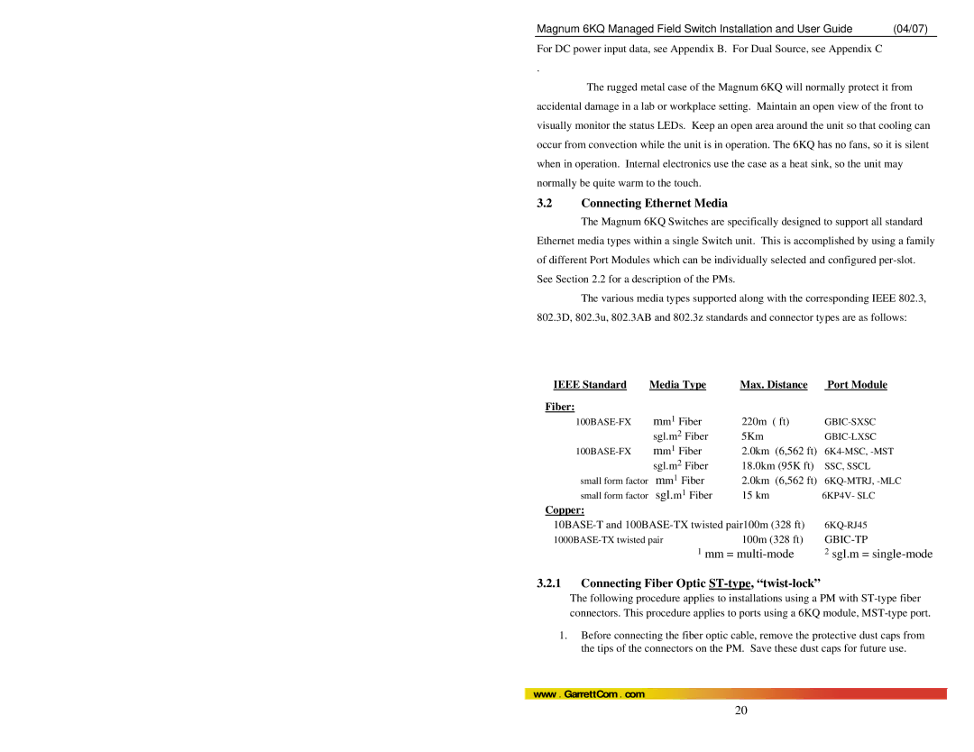 GarrettCom Magnum 6KQ manual Connecting Ethernet Media, Connecting Fiber Optic ST-type, twist-lock, Copper, Port Module 