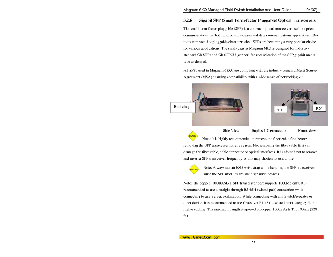 GarrettCom Magnum 6KQ manual Gigabit SFP Small Form-factor Pluggable Optical Transceivers 