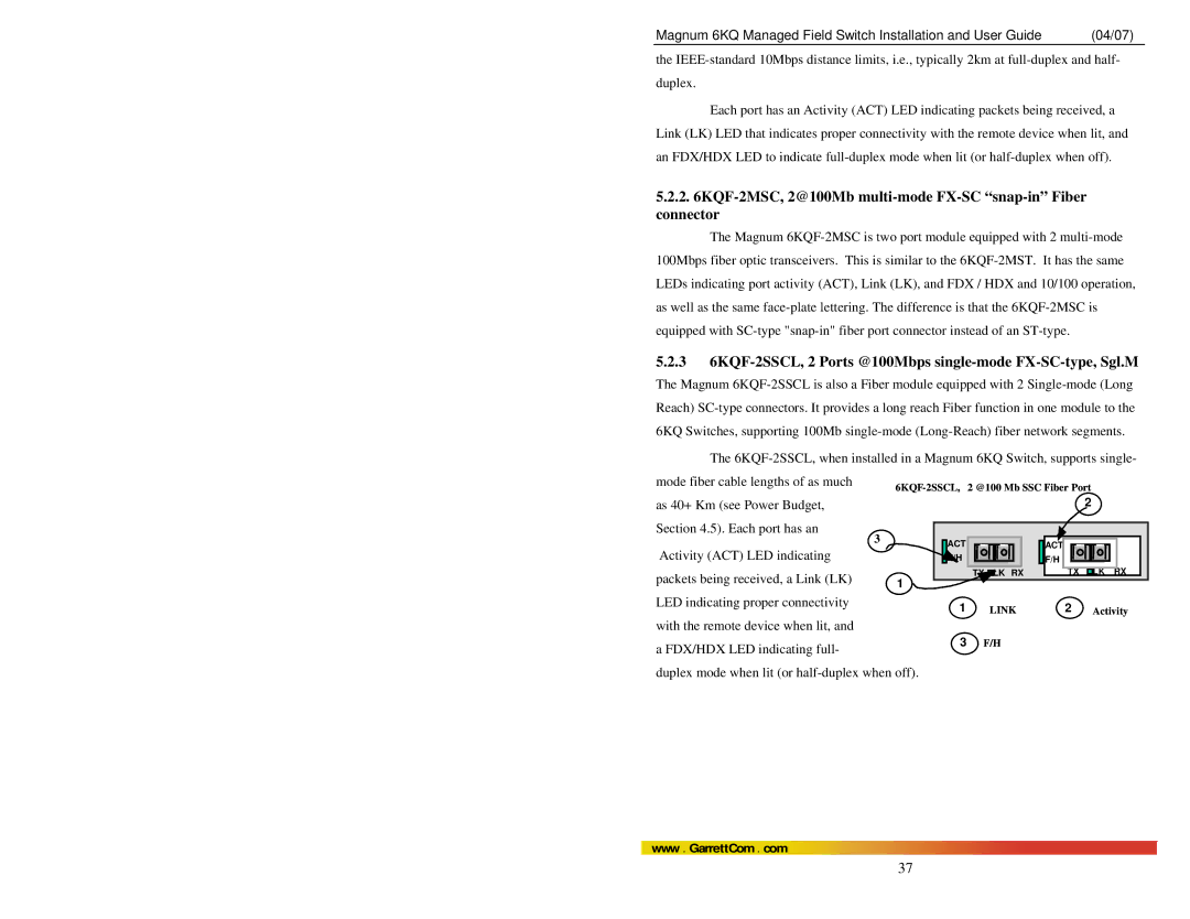 GarrettCom Magnum 6KQ manual KQF-2MSC, 2@100Mb multi-mode FX-SC snap-in Fiber connector 