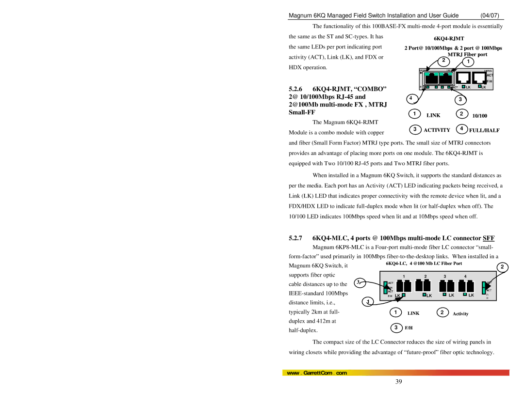 GarrettCom Magnum 6KQ manual @ 10/100Mbps RJ-45 @100Mb multi-mode FX , Mtrj Small-FF 