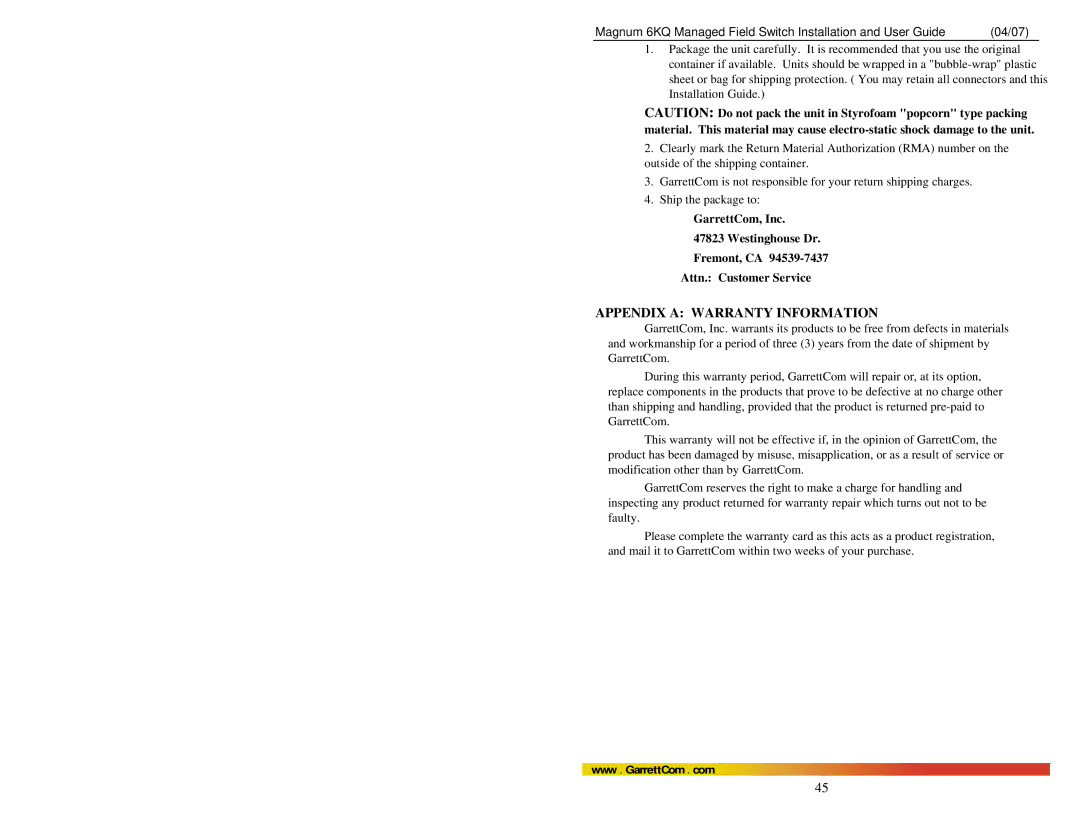 GarrettCom Magnum 6KQ manual Appendix a Warranty Information 