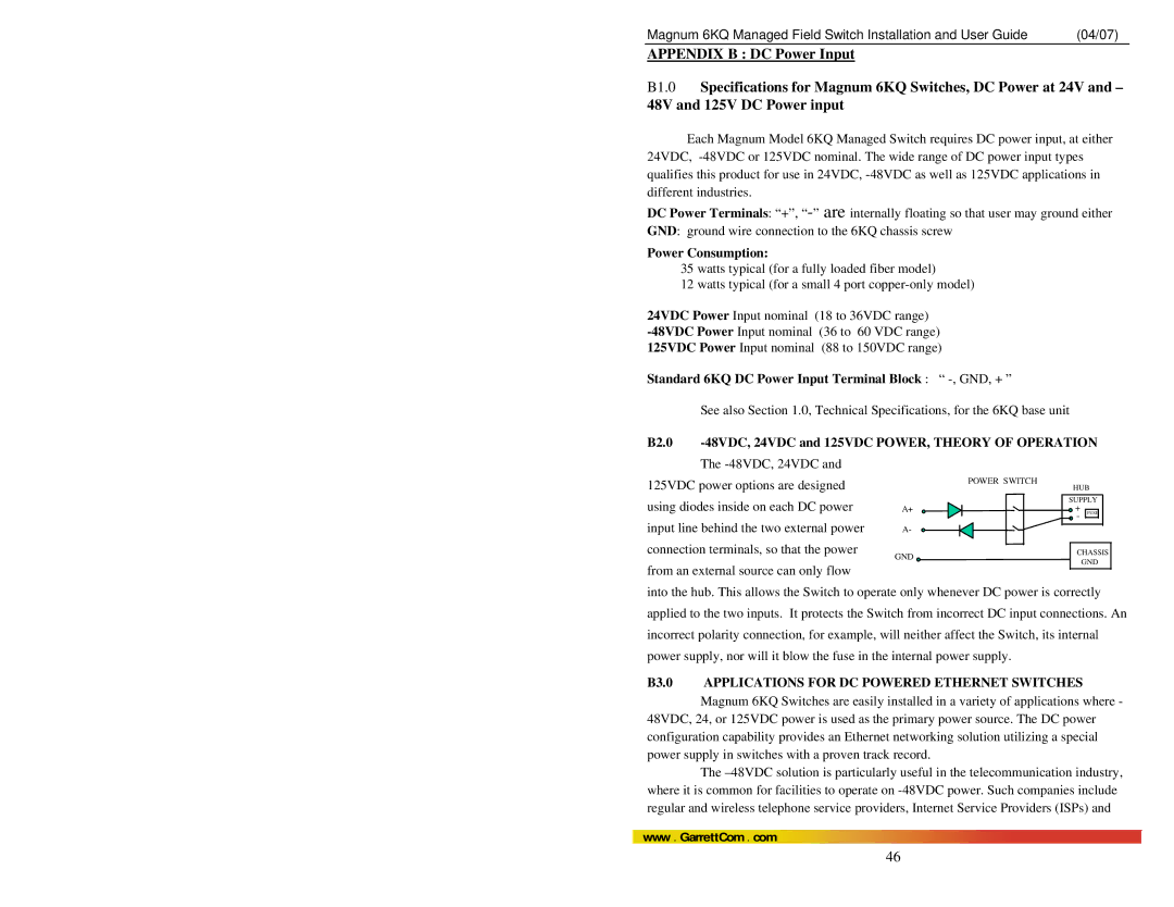 GarrettCom Magnum 6KQ manual Standard 6KQ DC Power Input Terminal Block -, GND, + 