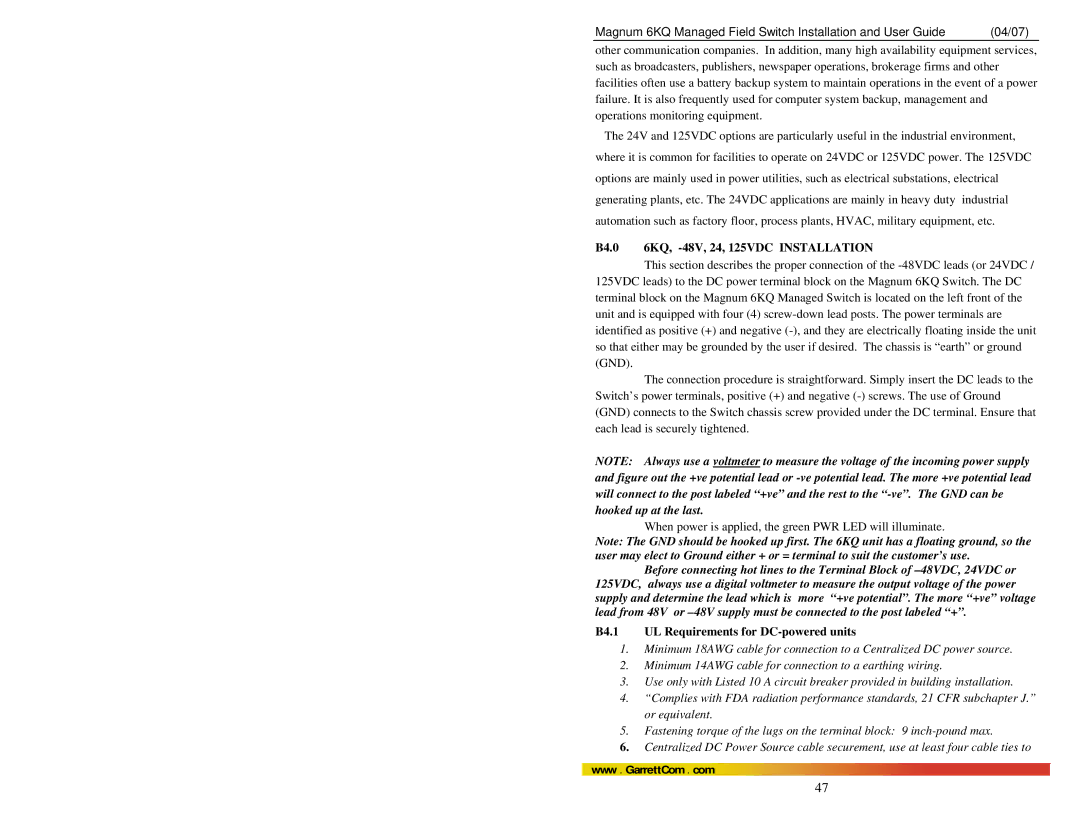 GarrettCom Magnum 6KQ manual B4.0 6KQ, -48V, 24, 125VDC Installation, B4.1 UL Requirements for DC-powered units 