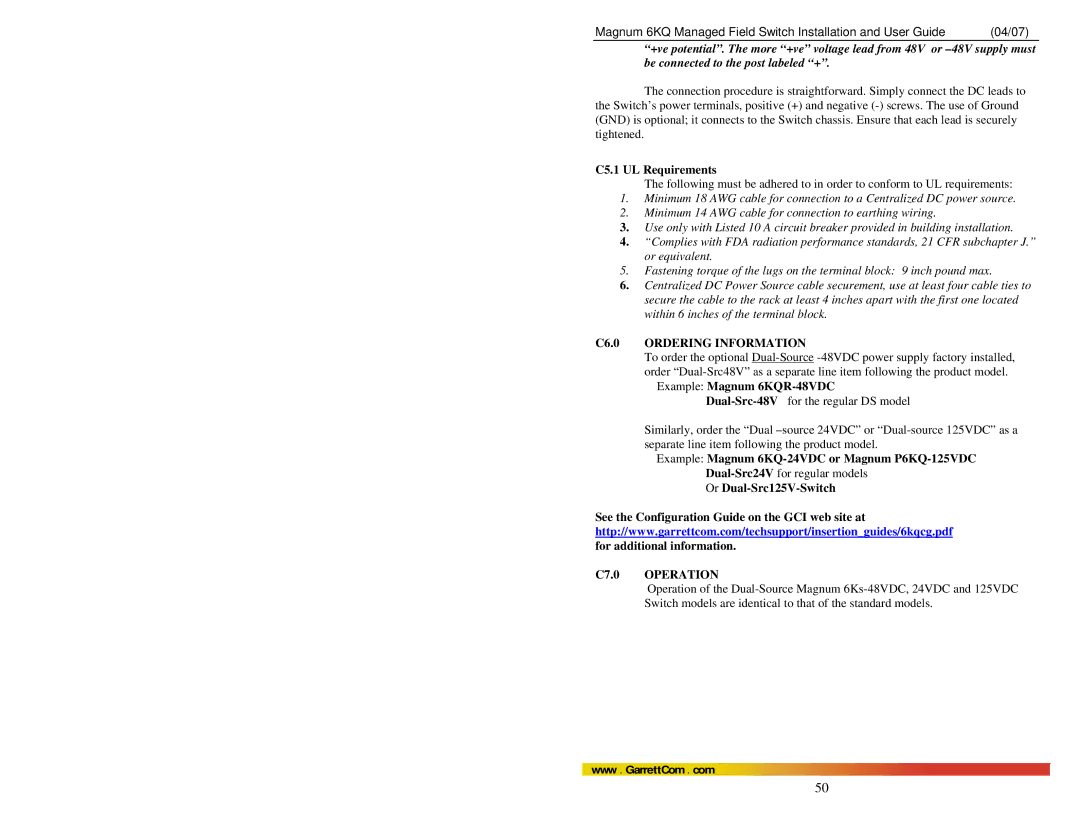 GarrettCom manual C5.1 UL Requirements, C6.0 Ordering Information, Example Magnum 6KQ-24VDC or Magnum P6KQ-125VDC 