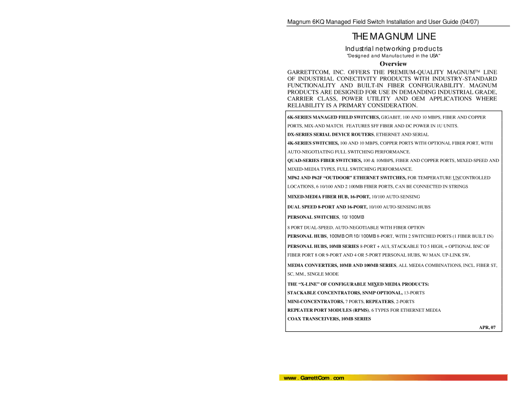 GarrettCom Magnum 6KQ manual Magnum Line, Overview 