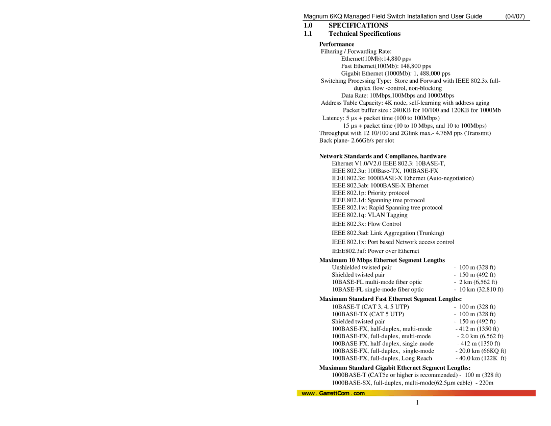 GarrettCom Magnum 6KQ manual Technical Specifications, Performance, Network Standards and Compliance, hardware 