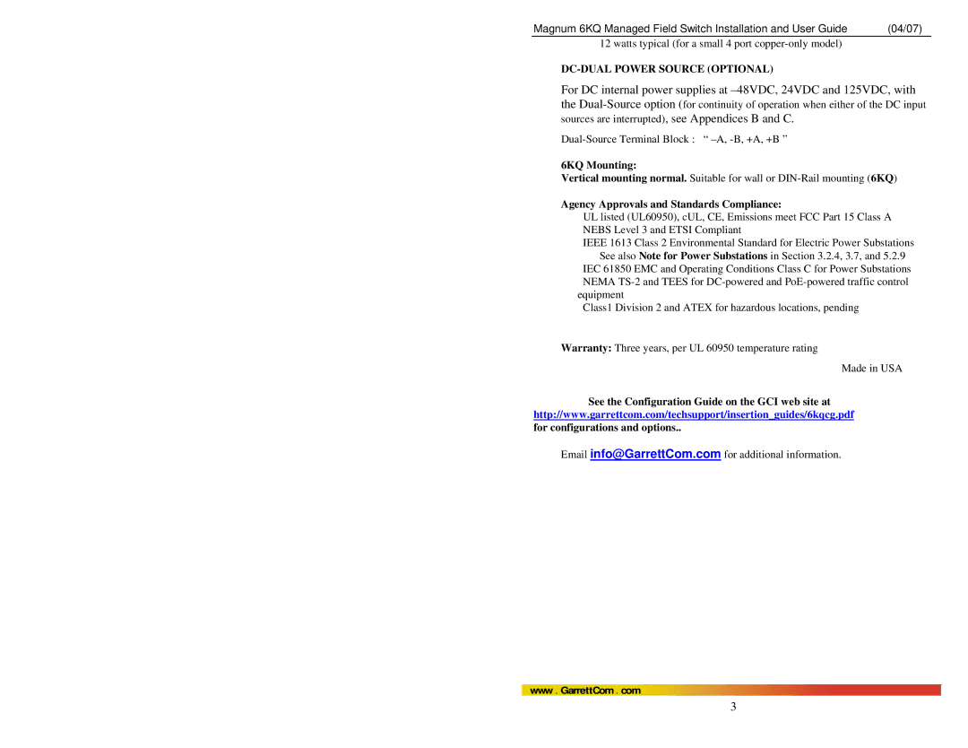 GarrettCom Magnum 6KQ manual DC-DUAL Power Source Optional, 6KQ Mounting, Agency Approvals and Standards Compliance 