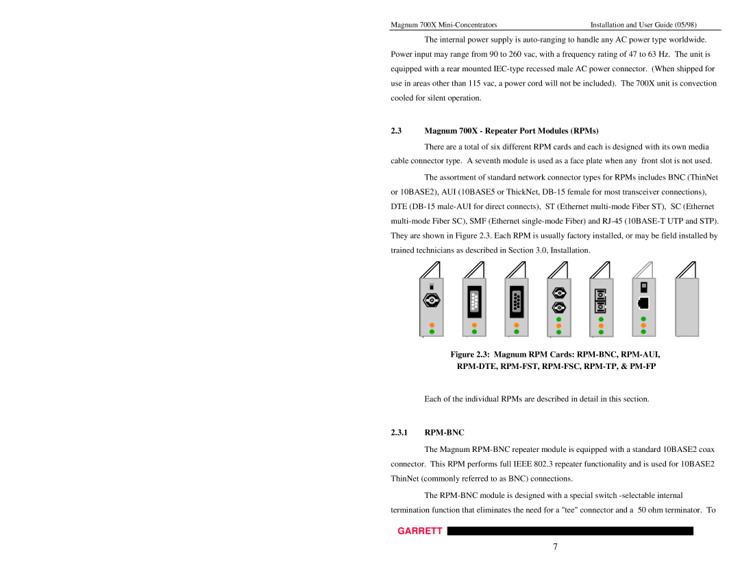 GarrettCom manual Magnum 700X Repeater Port Modules RPMs, Rpm-Dte, Rpm-Fst, Rpm-Fsc, Rpm-Tp, & Pm-Fp, Rpm-Bnc 