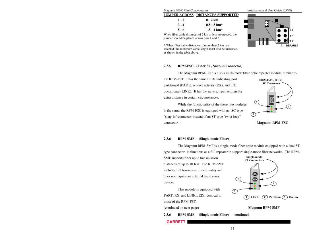 GarrettCom Magnum 700X manual Jumper Across Distances Supported, 3 km, 4 km, RPM-FSC Fiber SC, Snap-in Connector 