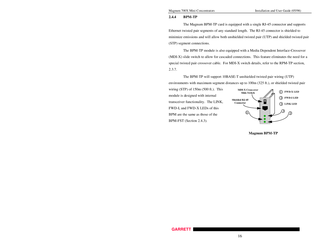 GarrettCom Magnum 700X manual Bpm-Tp, Wiring STP of 150m 500 ft.. This, Module is designed with internal 