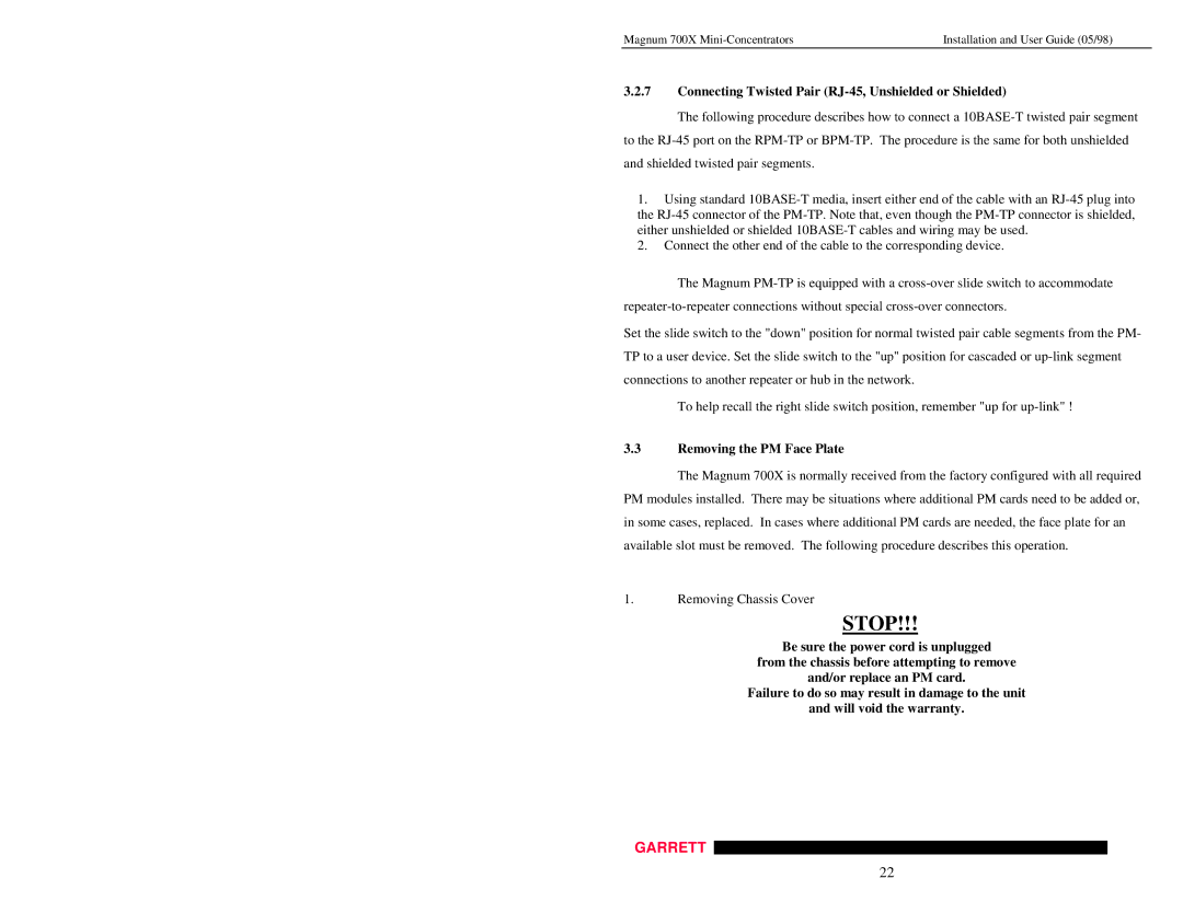 GarrettCom Magnum 700X manual Connecting Twisted Pair RJ-45, Unshielded or Shielded, Removing the PM Face Plate 