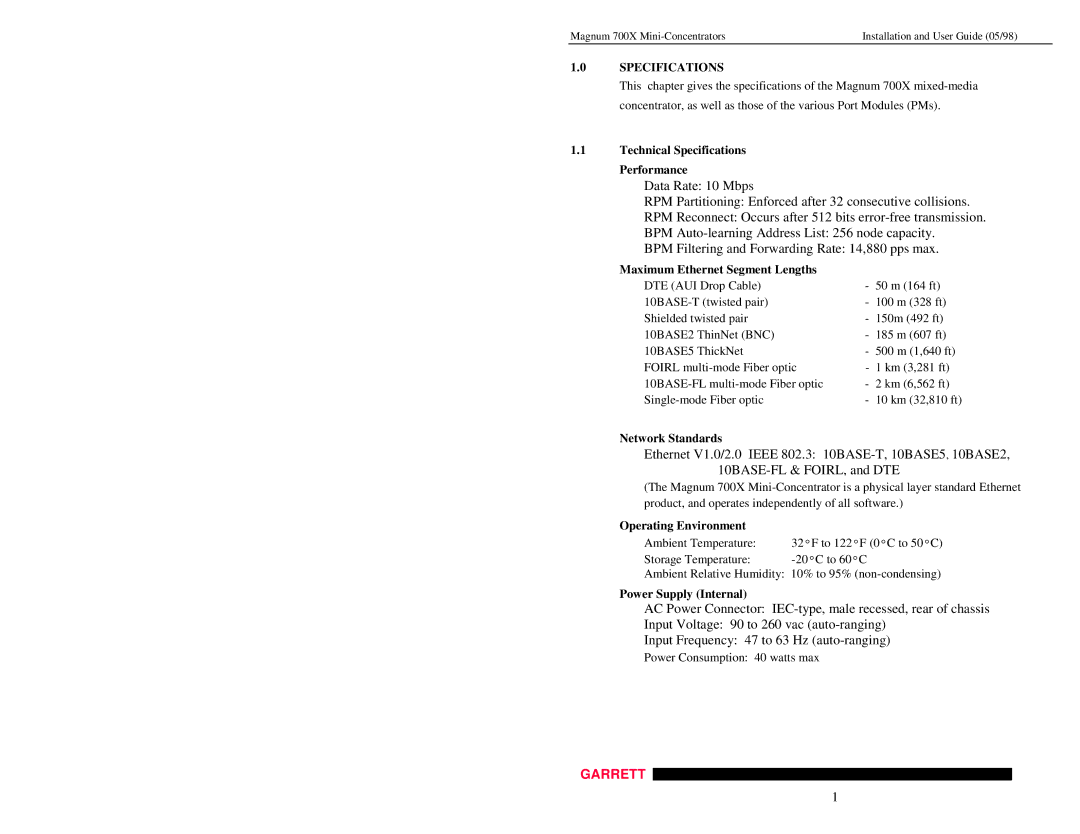 GarrettCom Magnum 700X manual Specifications 