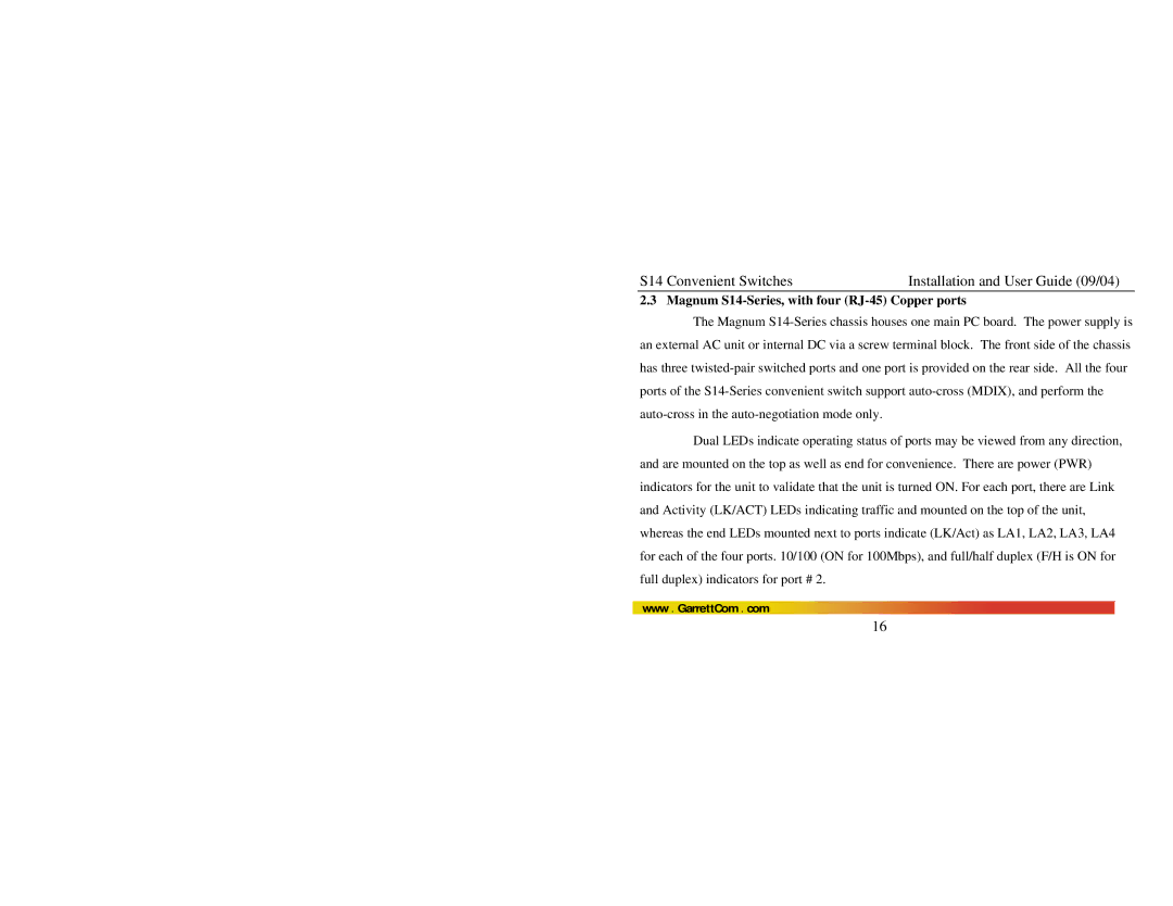 GarrettCom manual Magnum S14-Series, with four RJ-45 Copper ports 