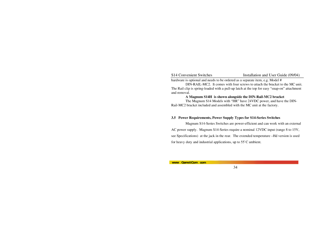 GarrettCom manual Magnum S14H is shown alongside the DIN-Rail-MC2 bracket 