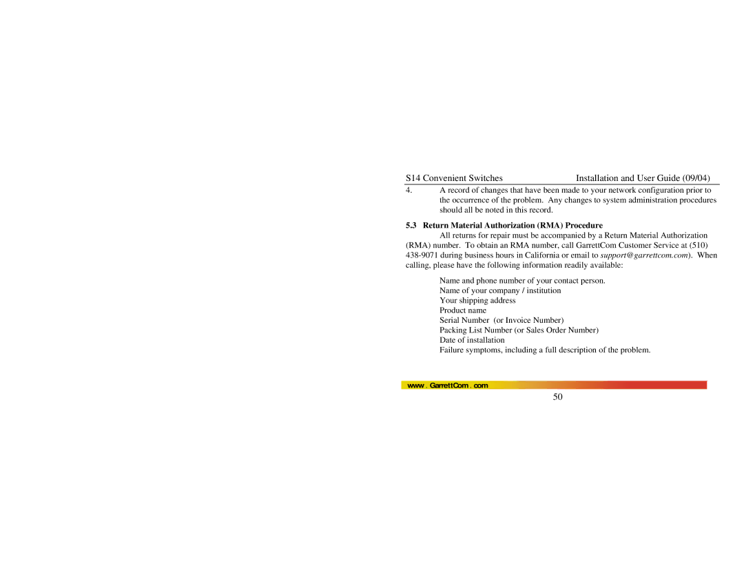 GarrettCom Magnum S14 manual Return Material Authorization RMA Procedure 