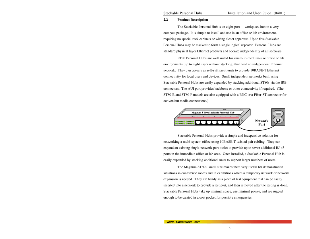 GarrettCom Magnum ST80 manual Product Description, Network, Port 