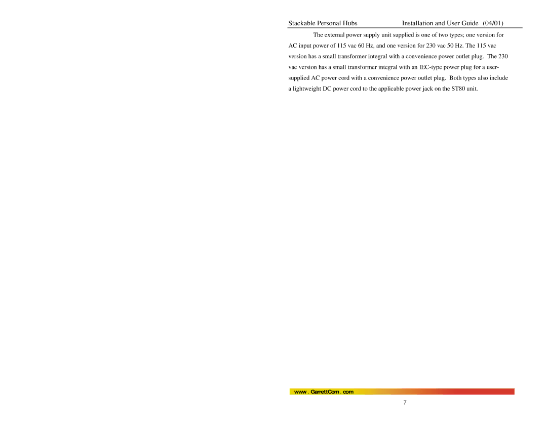 GarrettCom Magnum ST80 manual Stackable Personal Hubs Installation and User Guide 04/01 
