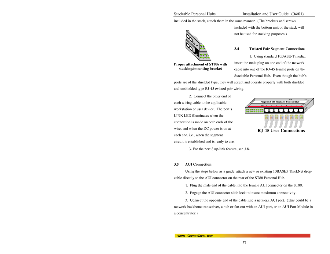 GarrettCom Magnum ST80 manual Twisted Pair Segment Connections, AUI Connection 