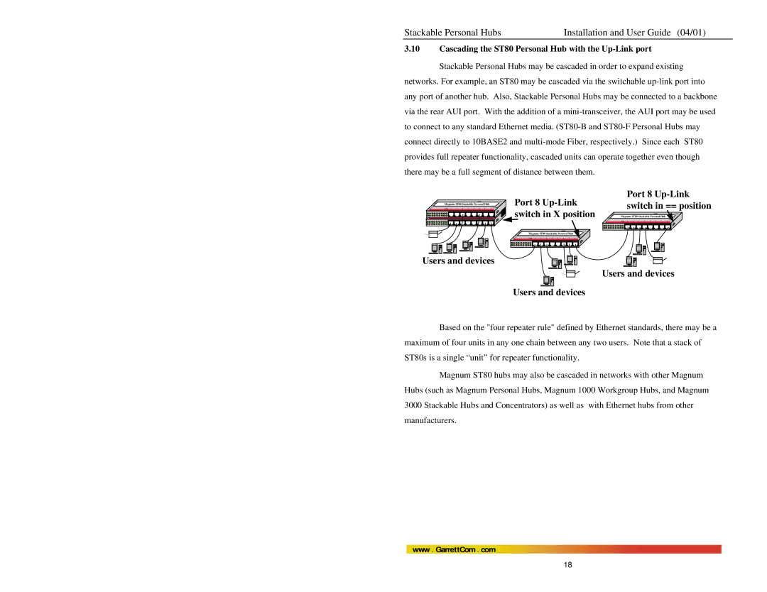 GarrettCom Magnum ST80 manual Switch in X position, Cascading the ST80 Personal Hub with the Up-Link port 
