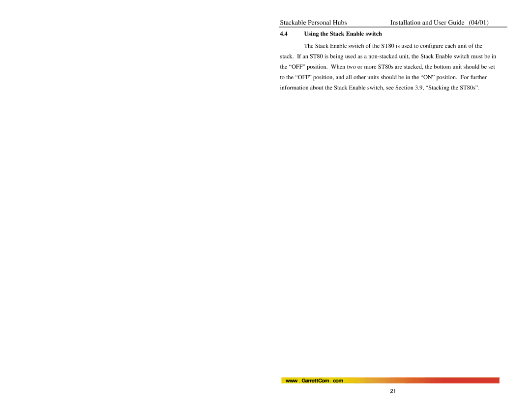 GarrettCom Magnum ST80 manual Using the Stack Enable switch 