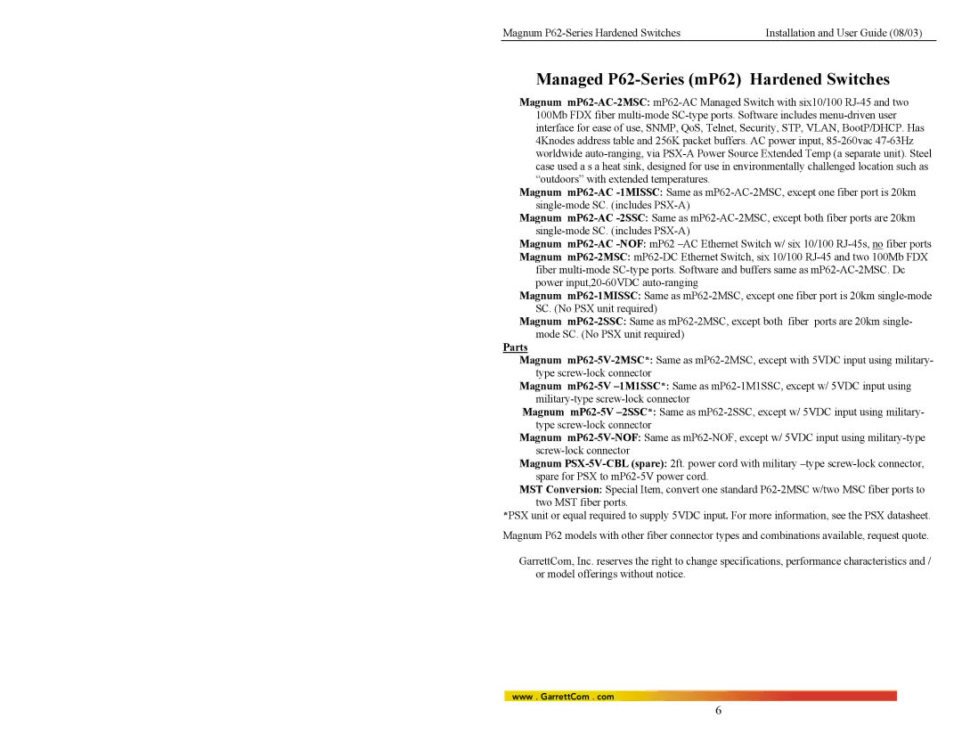 GarrettCom manual Managed P62-Series mP62 Hardened Switches 