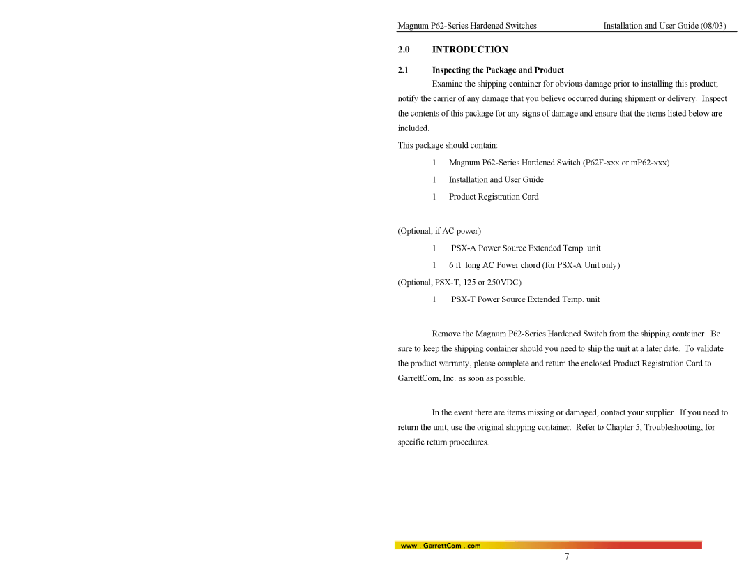 GarrettCom P62-Series manual Introduction, Inspecting the Package and Product 