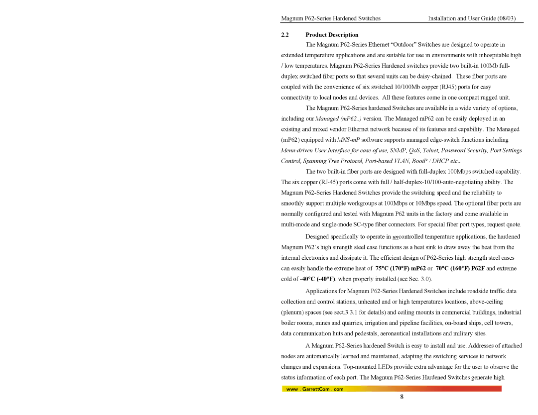 GarrettCom P62-Series manual Product Description 