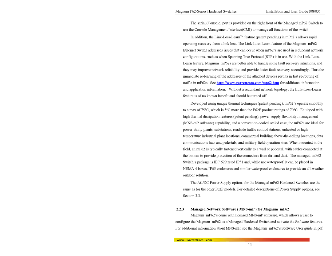 GarrettCom P62-Series manual Managed Network Software MNS-mP for Magnum mP62 