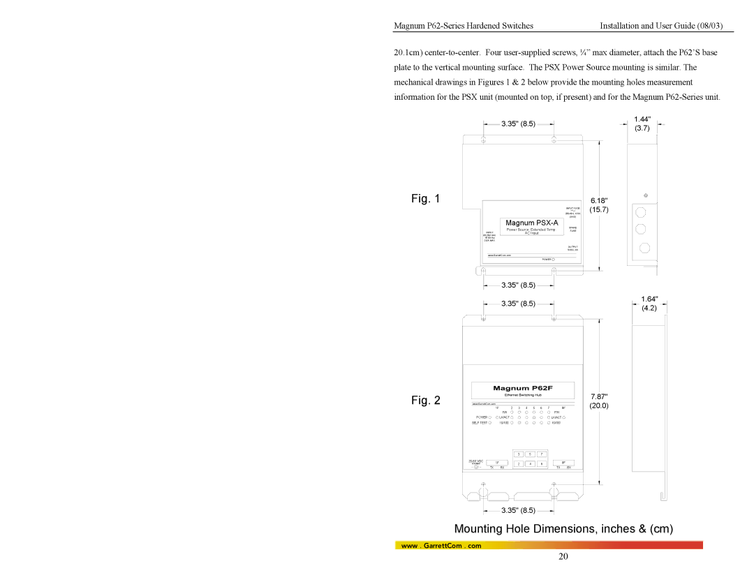 GarrettCom P62-Series manual Mounting Hole Dimensions, inches & cm 