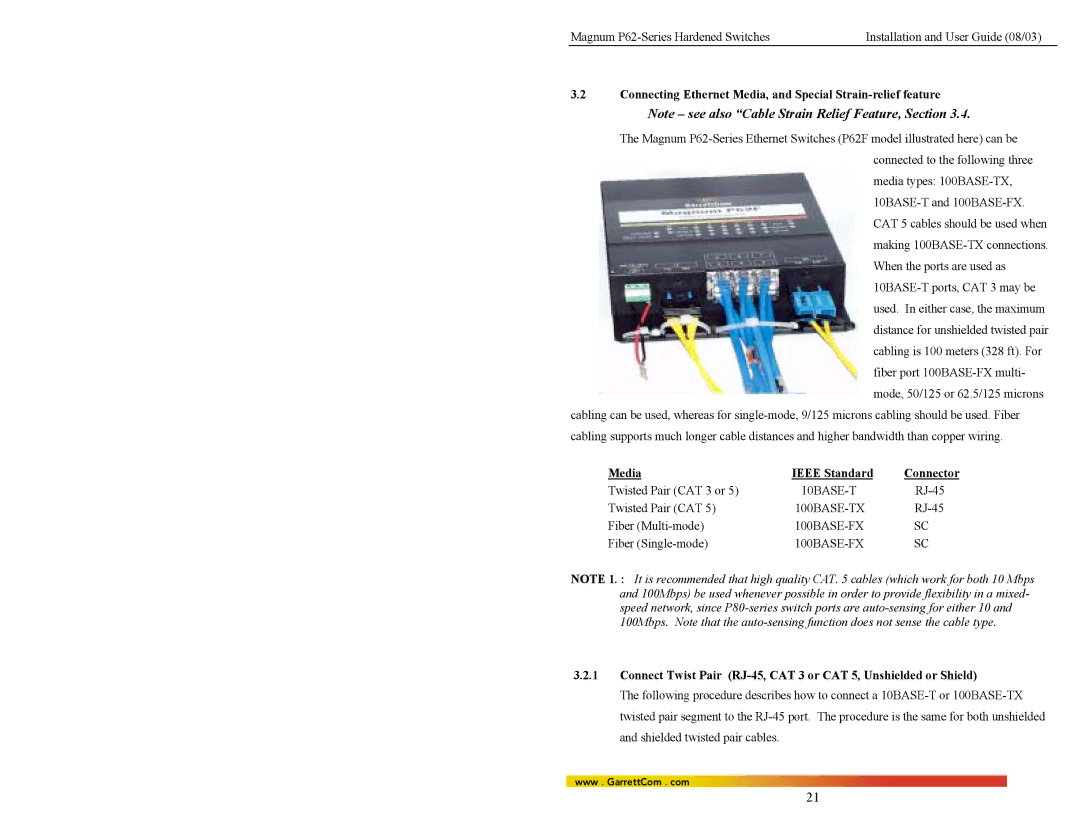 GarrettCom P62-Series manual Connecting Ethernet Media, and Special Strain-relief feature, Media Ieee Standard 