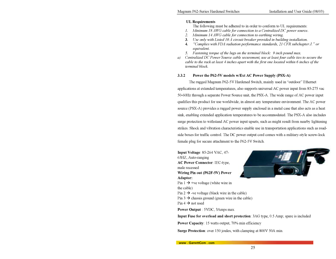 GarrettCom P62-Series UL Requirements, Power the P62-5V models w/Ext AC Power Supply PSX-A, AC Power Connector IEC-type 