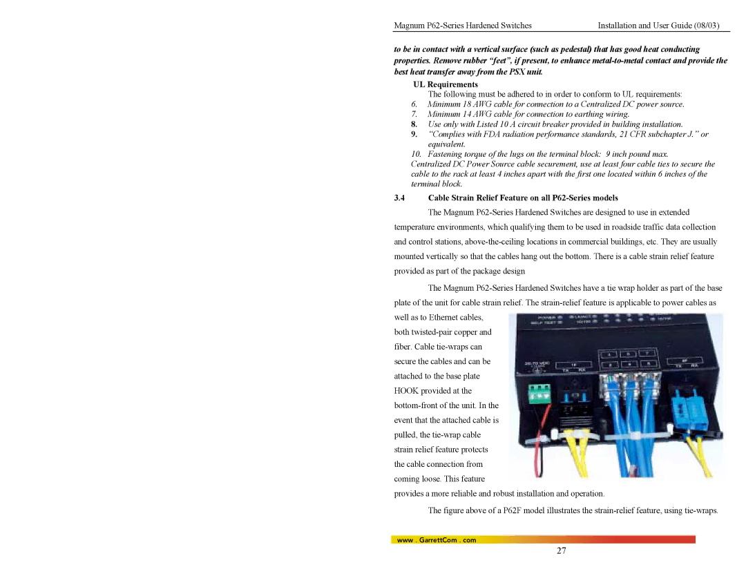 GarrettCom manual Cable Strain Relief Feature on all P62-Series models 