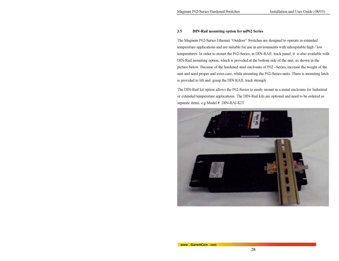 GarrettCom P62-Series manual DIN-Rail mounting option for mP62 Series 