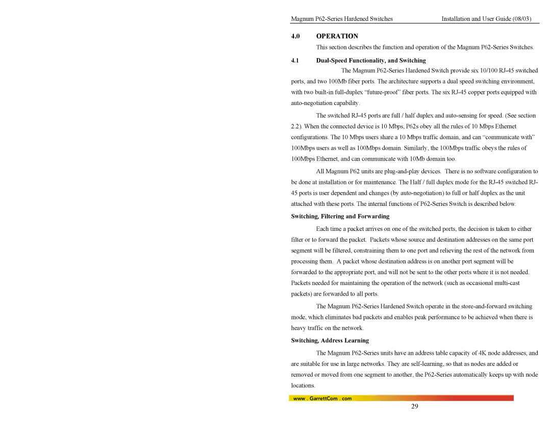 GarrettCom P62-Series manual Operation, Dual-Speed Functionality, and Switching, Switching, Filtering and Forwarding 