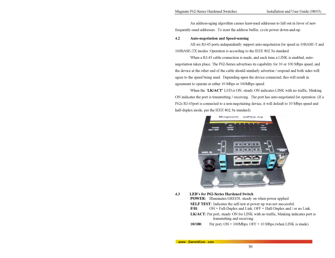 GarrettCom manual Auto-negotiation and Speed-sensing, LED’s for P62-Series Hardened Switch 