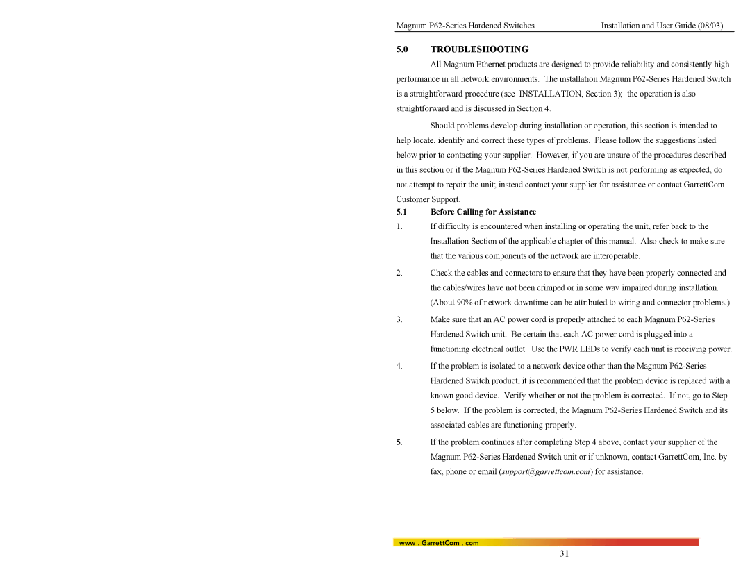 GarrettCom P62-Series manual Troubleshooting, Before Calling for Assistance 