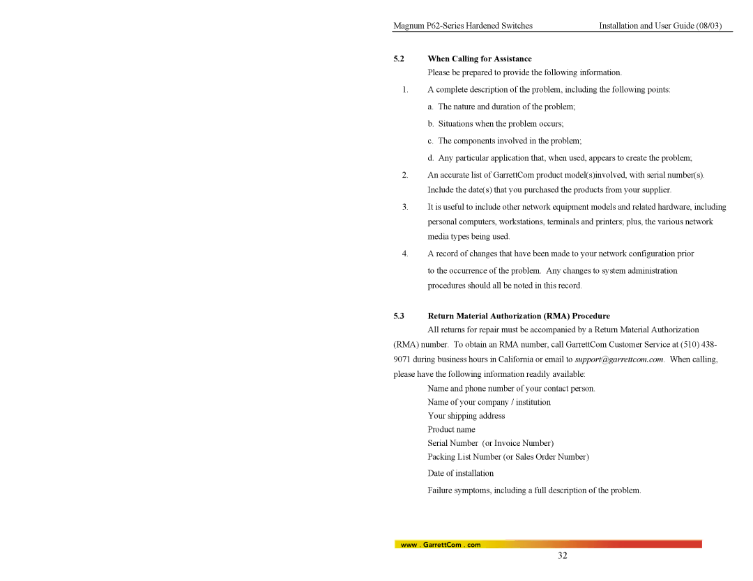 GarrettCom P62-Series manual When Calling for Assistance, Return Material Authorization RMA Procedure 