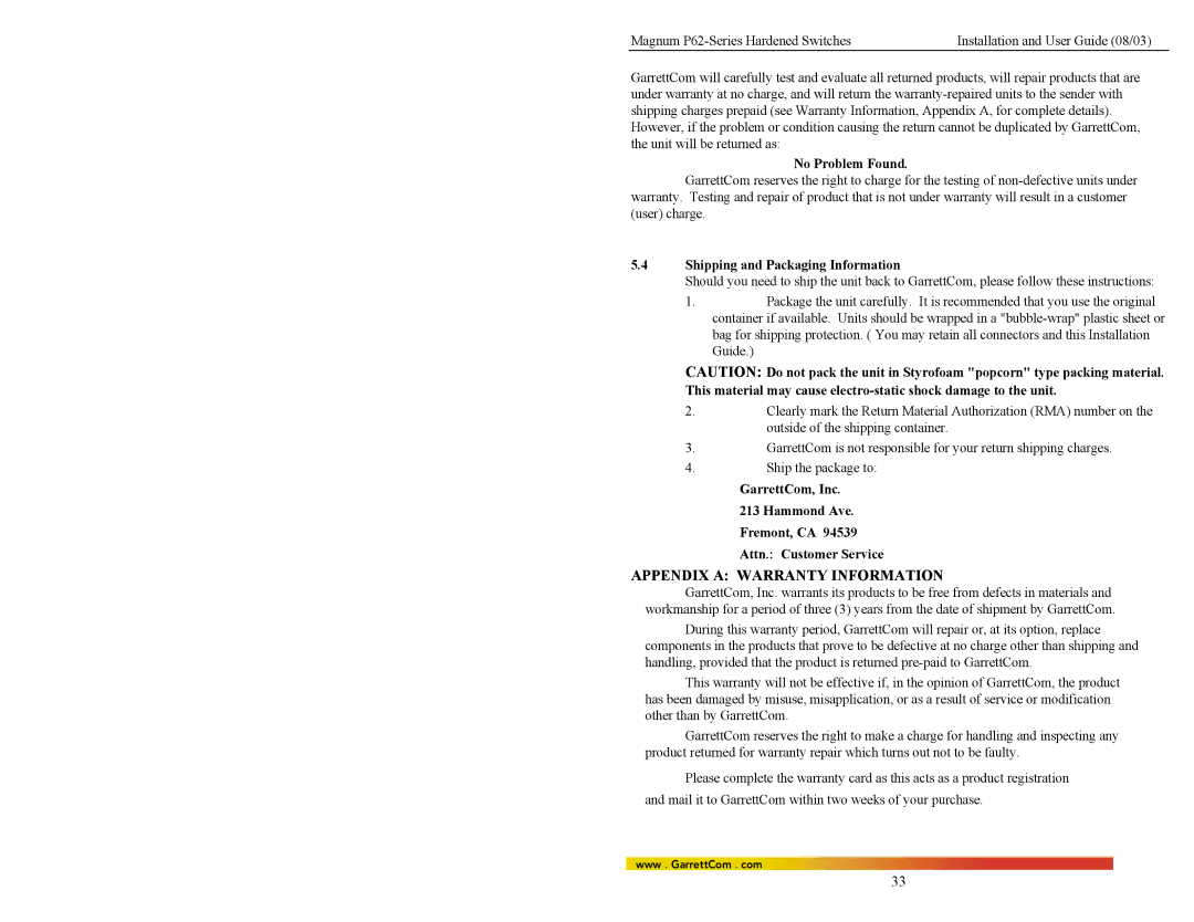 GarrettCom P62-Series manual Appendix a Warranty Information, No Problem Found, Shipping and Packaging Information 