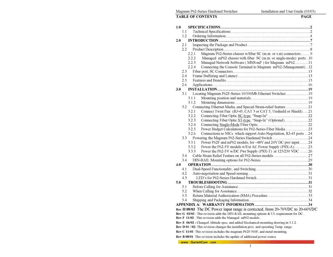 GarrettCom P62-Series manual Appendix a Warranty Information 