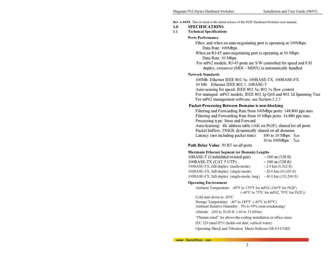 GarrettCom P62-Series manual Technical Specifications Ports Performance, Network Standards, Operating Environment 