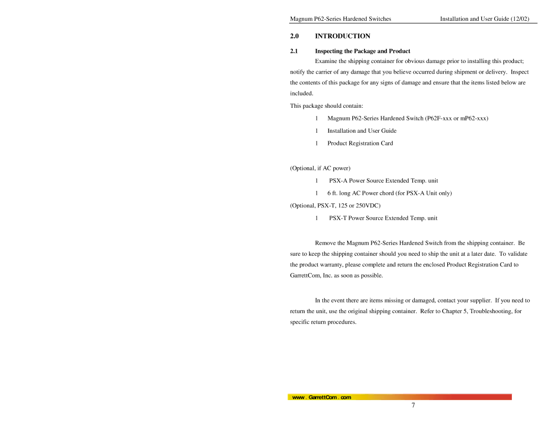 GarrettCom P62F manual Introduction, Inspecting the Package and Product 