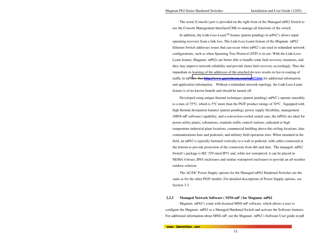 GarrettCom P62F manual Managed Network Software MNS-mP for Magnum mP62 