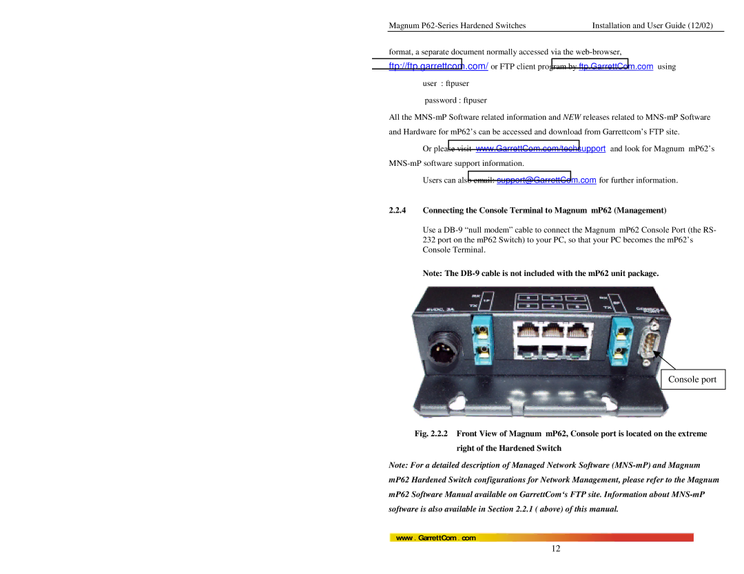 GarrettCom P62F manual Console port, Connecting the Console Terminal to Magnum mP62 Management 