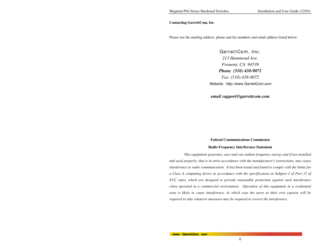 GarrettCom P62F manual Contacting GarrettCom, Inc 